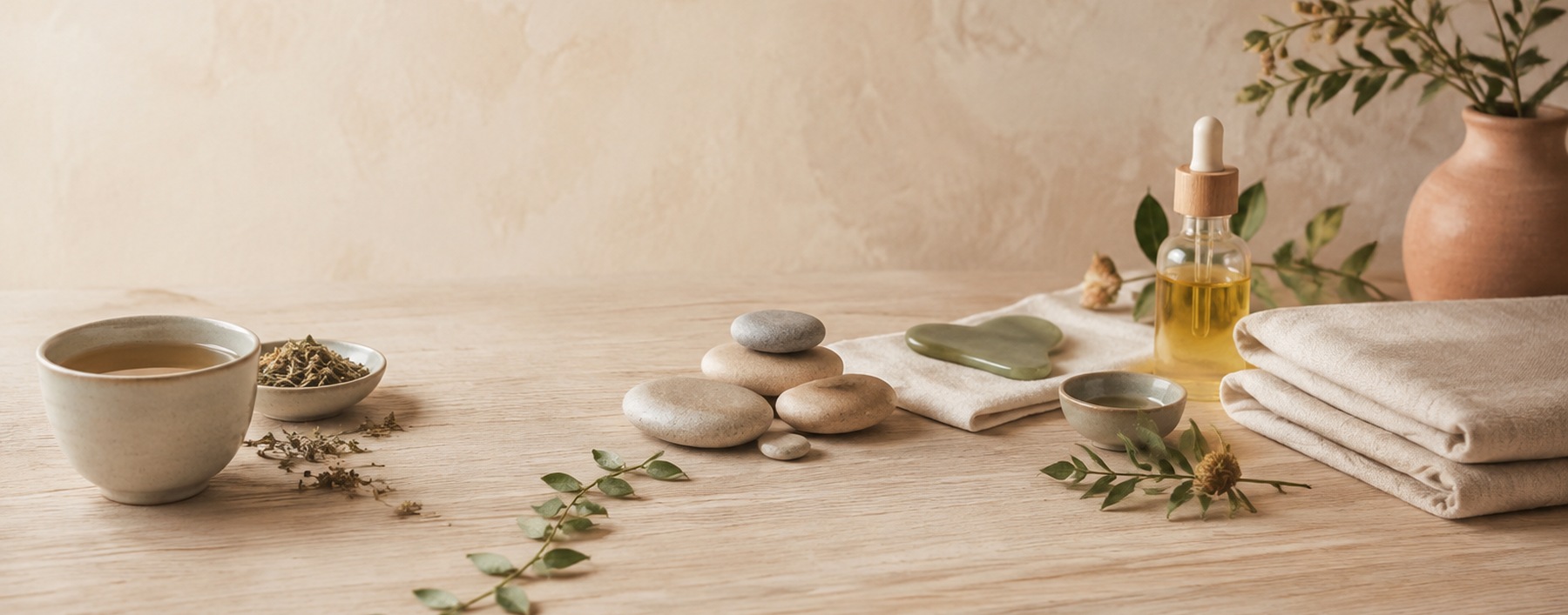 Mesa de bienestar con té, piedras, aceites y textiles naturales